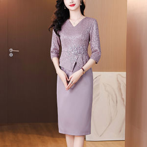 Elegant Purple Wedding Dress Lace Skirt Spring Autumn Style Mother of the Bride Gown High End Lace Midi Dress for Women
