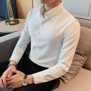 เสื้อเชิ้ตผู้ชายทรงเข้ารูป แขนยาว ทรงหลวม ลำลอง ฤดูใบไม้ผลิและฤดูใบไม้ร่วง เสื้อเชิ้ตธุรกิจแบบยูนิเซ็กซ์ แฟชั่น โพลีเอสเตอร์