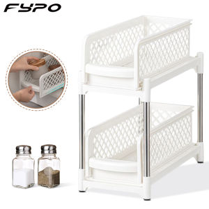 Fypo 2 Tier Drawer Bathroom Sliding Basket Organizer Cabinet Storage Shelves Under Sink Cabinet Storage Rack Double Layer Pull Out Spice Rack Organizer for Cabinet Kitchen Accessories