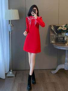 Red Chinese New Year Warrobe Sweatshirt Dress Womens Autumn Winter Slimming National Style High-End Small Skirt Dress