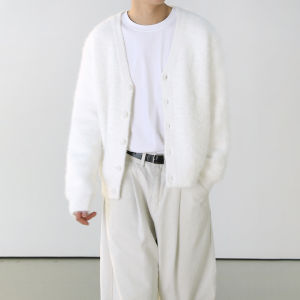 DAVID&ME | White V-neck Fluffy Knit Cardigan Mens Casual Sweater