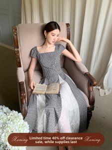 XXNING | Retro Lace Mesh Plaid Sweet Fitted Dress