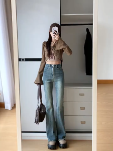 Luna Shop🍑กางเกงยีนส์เอวสูง 👖กางเกงขายาวผู้หญิง ทรงเข้ารูป เซ็กซี่ สไตล์เกาหลีย้อนยุคเรียบง่าย