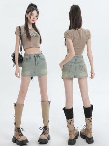 กระโปรงยีนส์ทรงเอเอวสูงสไตล์วินเทจสำหรับผู้หญิงในช่วงฤดูร้อนปี 2025 กระโปรงสั้นทรงเอเข้ารูปดีไซน์เก๋ไก๋สำหรับสาวฮอต