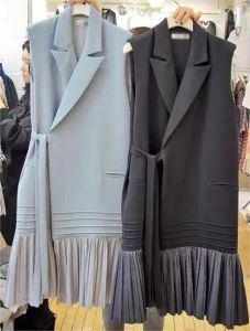 Korean version dress brand NUOVPAUL 2025new suit collar patchwork pullover pleated waist dress