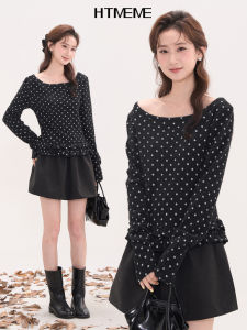 HTMEME | Sweet Dotted Lace Trim Off Shoulder Knit Sweater Autumn Womens Top