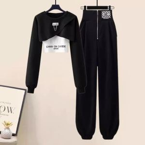Small Spring and Autumn Outfits Womens Korean-Style Age-Reducing Fancy Sweatshirt Vest Casual Sports Pants Fried Street Three-Piece Suit