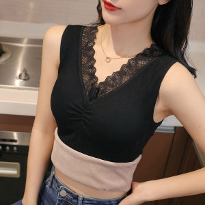 chaqi | Womens Fleece Lined Vest Winter Warm Underwear V Neck Lace Splice Sleeveless Top Butterfly Pad Gathered Mid-Length Commute Style