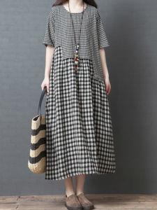 Loose Large Size Women's Cotton Linen Dress: A Patchwork Plaid Short Sleeve Slimming Long Skirt