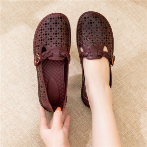 SHIPAILUO | Leather Soft Bottom Anti-Slip Comfortable Summer Sandals For Middle-Aged And Elderly Women Casual Low Cut Flat Heel Shoes