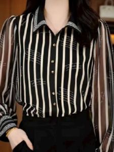 Retro Striped Print Loose Fit Thin Long Sleeve Shirt Early Autumn Fashionable Slimming Top Polo Collar Womens Premium Shirt