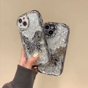 Butterfly Bracket glittering Pink Silver Hard Case for iPhone 11 13 14 15 15pro 14pro 13pro 12pro casing 15PROMAX 14PROMAX 13PROMAX 12PROMAX สำหรับ iphone14 Case