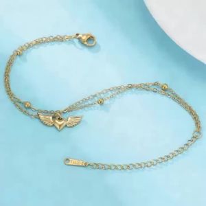 Skyrim | Love Wings Bracelet Angel Wings Heart Shaped Womens Double Layered Bead Chain Bracelet Stainless Steel Fashion Love Jewelry