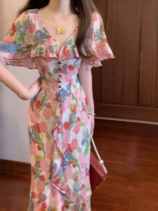 French Style Floral Print Maxi Dress Womens Summer Vacation Retro Unique Beautiful Tea Break Long Skirt A-Line Short Sleeve