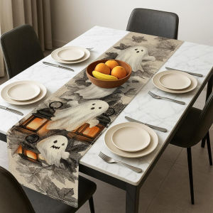 1 Piece of Retro Halloween-Themed Table Runner Featuring Horror Lanterns and Ghost Designs with Pumpkin Lanterns Bats and Autumn Leaves Suitable for Parties Restaurants B&Bs and Market Scenes.