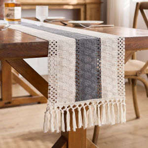 Boho Table Runner for Home Decor Macrame Cream & Brown Farmhouse Table Runner with Tassels for Bohemian Dining Bedroom Decor