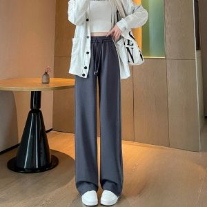 กางเกงขายาวทรงหลวมเอวสูง ทรงหลวม ทรงตรง กางเกงขายาวทรงสปอร์ตแบบลำลอง ทรงยาว ผ้าโพลีเอสเตอร์ สไตล์เกาหลี สำหรับผู้หญิง