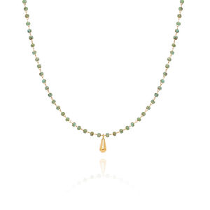Retro Green Beaded Waterdroplet Pendant Chain Necklace • Waterproof Non Tarnish Jewelry • 18K Gold Plated 316L Stainless Titanium Steel Necklaces for Women NL173