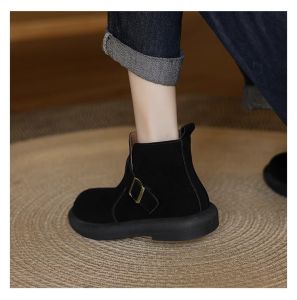 Genuine Leather Chelsea Boots Womens round Toe Flat Bottom BootsWith Belt Buckle Autumn Winter New Style Comfortable Short Boots