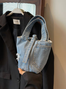 Retro Minority Denim Bucket Bag Casual Canvas Handbag Womens Versatile Small Bag Idle Style Shopping Mobile Phone Bag