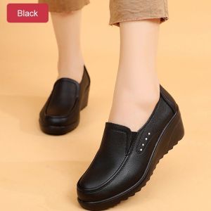 [on sale] GiiMall【Genuine Guarantee】 Women Wedge Leather Shoes Middle-aged Non-slip Work Shoes Solid Color Loafers Soft Soles