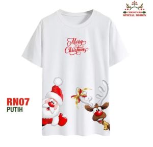 Cyfclo Baju Natal RN07 Santa and Deer Kaos Merry Christmas 100% Katun Tebal Anti Menerawang