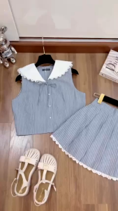 DX_Set mùa hè  bộ đồ đi biển nữ sọc Lenin cộc xanh trắng có lót kèm chân váy ngắn phối Ren phong cách Hàn Quốc