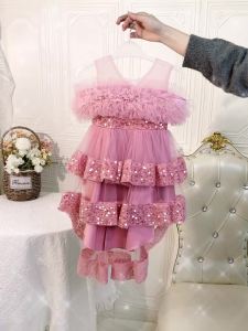 Đầm Công Chúa Đính Sequin Thanh Lịch Cho Bé Gái Đầm Ren Dự Tiệc Sinh Nhật 1 Tuổi Đầm Dự Tiệc Đám Cưới Phù Dâu Dạ Hội Màu Hồng Đậm