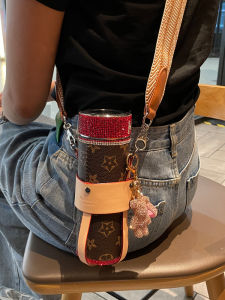 Ladies Large Capacity Insulated Water Bottle Diamond Wide Shoulder Strap Crossbody Portable Stylish Stainless Steel Cup