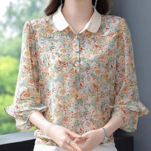 Floral Print Chiffon Shirt Womens Spring Summer New Style Korean Fashionable Versatile Short Sleeve Polo Collar Loose Fit Shirt