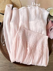 AEJUONOS | French Romantic Style Pink Lace Half-Skirt Summer Slim Fit Long Skirt