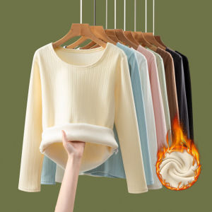 Thickened Fleece Long Sleeve round Neck T-Shirt Womens Autumn Winter plus Size Warm Inner Slimming Base Shirt Solid Color Top