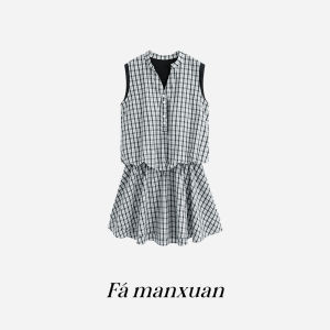 FAMANXUAN | Sleeveless Retro Checkered Waist-Cinching Dress