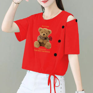 Loose Cotton Sweatshirt Womens High Waist Short Sleeve Shoulder Bared Top Summer New Style Pure Color Casual Streetwear