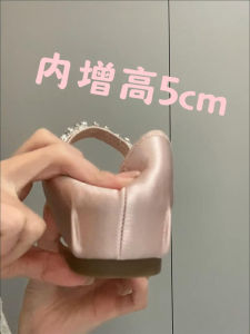 Elevated 5cm Ballet Flats Womens Silk Ribbon Butterfly Knot Slip-On Shoes Diamond Buckle Lightweight Mary Janes Casual Footwear