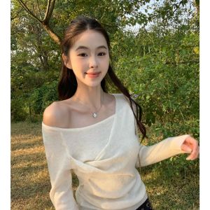 YUEZHONGWEI | Unique French Orange Asymmetric Off-Shoulder Knitwear