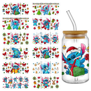 New Designs Disney Lovely Stitch Merry Christmas 16oz UV DTF 3D Sticker Decals Wraps Glass Can Cup Creative Craft DIY Gifts