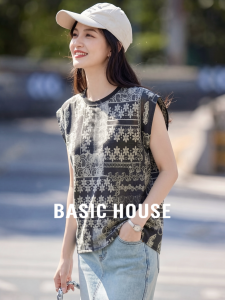 Basic House | New Chinese Style Printed TENCEL Flutter Sleeve Linen Light T-shirt
