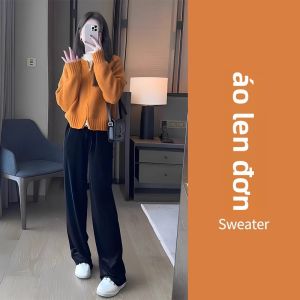 Karrar betsey | Áo Cardigan Knit Ngắn Dày Cao Cấp Phong Cách Thảnh Thơi Màu Cam