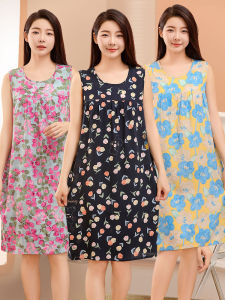 Summer Womens Cotton Silk Sleep Dress Sleeveless Loose Home Clothes Outdoor Wearable Dress Artificial Cotton Nightgown