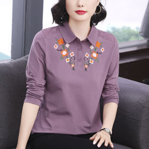 Elegant Embroidered Cotton Polo Shirt Long Sleeve Womens Top for Middle-Aged And Elderly Casual Style Comfortable Fit T-Shirt
