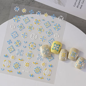 1Pcs 5D Embossed Boho Flower Nalil Stickers Bohemian Blue/Purple Lace Floral Nail Art Decal Retro Self-Adhesive Manicure Decor *