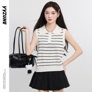 Áo Thun Polo Sọc Kiểu Pháp Bằng Lụa Băng Dệt Kim Không Tay Áo Vest Nữ Mùa Thu Mỏng Rộng Rãi Đa Năng Áo Lót Bên Trong