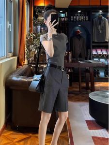 Slim Fit round Neck Short Sleeve T-Shirt Womens Deep Grey Korean Style Fashionable Summer New Arrival Casual Comfortable Top