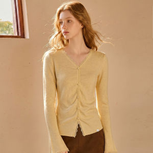 Yellow Lace Border V-Neck Wrinkled Waist-Shaping Soft Long-Sleeve Knit Cardigan