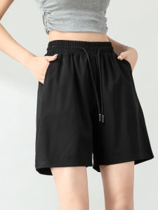 Summer 2025 Womens Black Sports Shorts Loose Casual High Waist Slimming Five-Quarter Length Straight Leg Pants