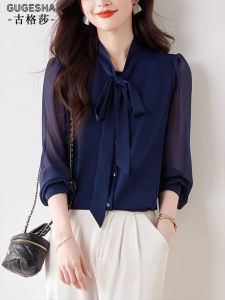 Fashionable Long Sleeve Womens Shirt Butterfly Knot Sash Elegant Versatile Slimming Trendy Commute Style Korean Loose Fit