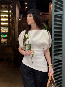 HH Women Fashion Tops Split Puff Sleeve Top Female O-Neck Short Sleeves T-Shirts Solid Slim Partywear Asymmetrical Lady Clothes