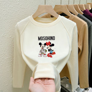 Cartoon Mickey Minnie Print Long Sleeve Fleece Lined T-Shirt Girls Inner Wear Warm Base Shirt Fashionable Autumn Winter Kids Top