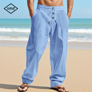 Mens Casual Breathable Pants Summer Solid Color Elastic Waist Button Trousers Loose Fitness Lightweight Wide Leg Beach Pants
